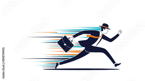 Dynamic businessman runs at high speed with a briefcase to illustrate urgency in the workplace and fast-paced corporate environments.