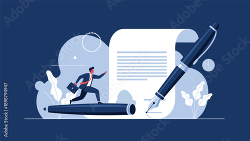 Determined businessman runs across a giant fountain pen towards a contract to illustrate closing a deal and formalizing a partnership.