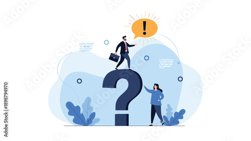 Puzzled businessman stands on a giant question mark with an exclamation point above his head while a female colleague looks on curiously.