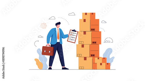 Organized professional with a briefcase and a checklist stands next to a tall stack of cardboard boxes to manage inventory and logistics.