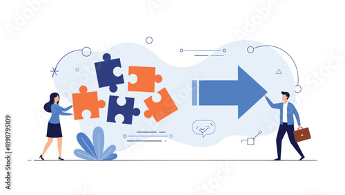 Collaborating team members move large puzzle pieces towards a giant arrow to represent strategy and assembling components for success.