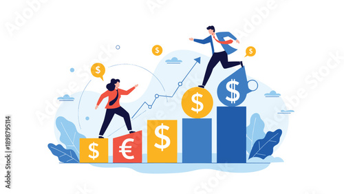 Professional people run up a bar chart where each step contains a different currency symbol to represent international market growth.