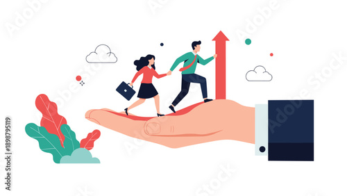 Professional man and woman walking forward on a giant palm towards an upward arrow, representing career mentorship and corporate guidance.