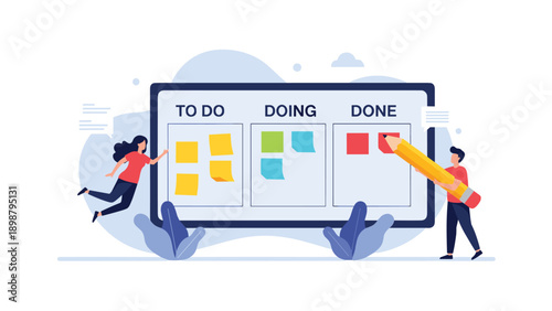 Business team managing tasks on a large kanban board with sticky notes in to-do, doing, and done columns for project workflow organization.