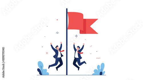 Two happy businessmen jumping with joy next to a tall pole with a red flag, celebrating the achievement of a major project milestone.