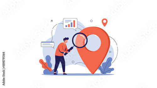 Young man using a magnifying glass to inspect a large red location pin, representing market research and geo-targeted business strategy.