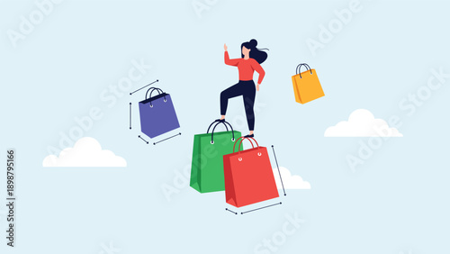 Young woman balancing on large colorful shopping bags in the sky to represent e-commerce trends, consumer choice, and retail market growth.