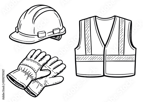 Hand drawn line art safety equipment set featuring a hard hat, work gloves, and a vest for construction and industrial safety