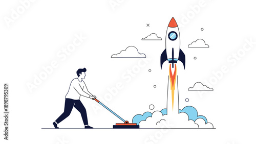 Man in casual wear launching a rocket with a giant lever, representing the launch of a new startup, innovation, and business takeoff.