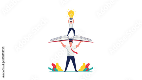 Man holding a glowing light bulb while standing on top of a giant book held by another person to illustrate knowledge-based innovation.