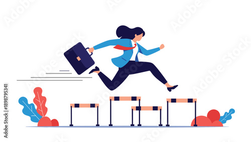 Businesswoman in a suit jumping over hurdles, symbolizing the act of overcoming career obstacles and professional challenges.