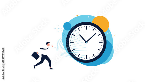 Small businessman running towards a giant wall clock on a blue background to emphasize time management, speed, and meeting deadlines.
