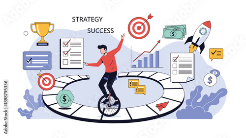 Businessman on a unicycle navigating a circular board game path surrounded by success icons to symbolize a strategic business journey.