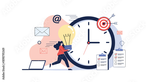 Woman running towards a clock carrying a light bulb amidst business icons, representing time efficiency and creative ideas.