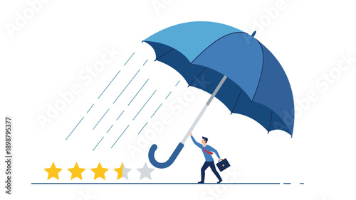 Businessman holding large blue umbrella to protect five star rating icons from heavy rain symbolizing reputation management.