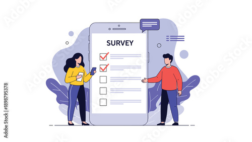 Man and woman standing near giant smartphone with digital survey form on screen for customer feedback and research.