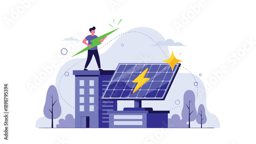 Man standing on building roof holding green lightning bolt near large solar panel to promote renewable clean energy solutions.