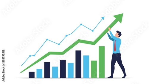 Businessman using all his strength to push up giant green arrow over bar chart representing active effort for financial growth.