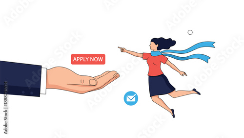 Large hand offering red apply now button to flying woman with blue scarf representing job recruitment and career opportunities.