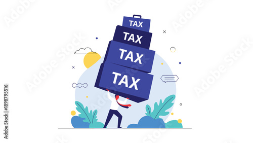 Businessman struggling to carry heavy stack of blue boxes labeled tax representing high financial burden and fiscal responsibility.