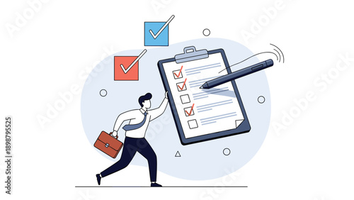 Businessman with briefcase leaning on giant clipboard with checkmarks and floating pen symbolizing task completion and audit.