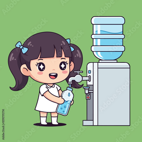 Cute smiling girl with blue bows filling water bottle from office water cooler in flat cartoon style on green background