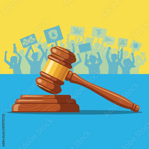 Vector art close up of wooden judge gavel striking block with protesting crowd holding signs in background