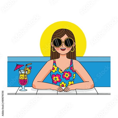 Colorful flat design woman in floral dress wearing large sunglasses sitting at poolside bar with cocktail and bright yellow sun