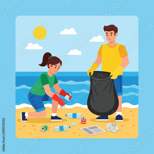 Flat design vector art of young man and woman cleaning beach collecting plastic bottles and trash outdoors sunny day