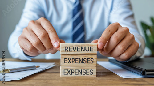 Tiny wooden blocks labeled oeRevenue? and oeExpenses? stacked evenly on a desk, illustrating break-even business visually with precision and clarity.