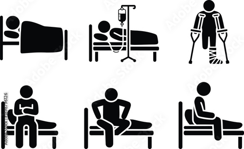 Black and white patient recovery icons, various stages of healing, simple stick figure style, hospital bed, medical care, injury, illness, health, wellness, simple graphical representation of human he