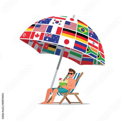 Flat design man relaxing on lounge chair under international flags umbrella drinking tropical cocktail with straw sunny summer vacation