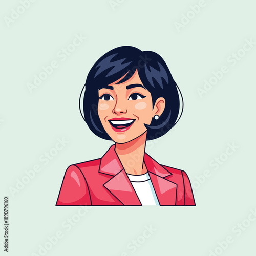 Bright smiling woman with short black hair wearing red blazer looking sideways vector portrait illustration