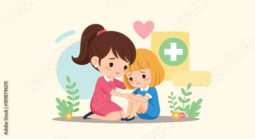 Cute vector illustration of caring woman comforting sad young girl sitting on floor near medical cross symbol and heart