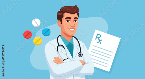 Smiling male doctor with stethoscope holding prescription paper with colorful pills floating vector illustration