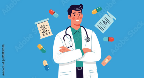 Flat design smiling male doctor with stethoscope crossed arms surrounded by medical documents and colorful pills on blue background