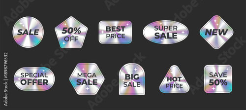 Set of holographic sticker. Holographic effect stickers collection. Sale stickers, emblems, labels, badges.