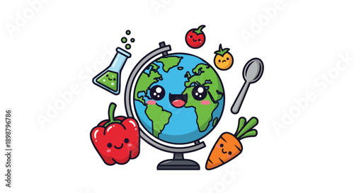 Cute kawaii globe with smiling face surrounded by happy vegetables spoon and laboratory flask humor style vector art
