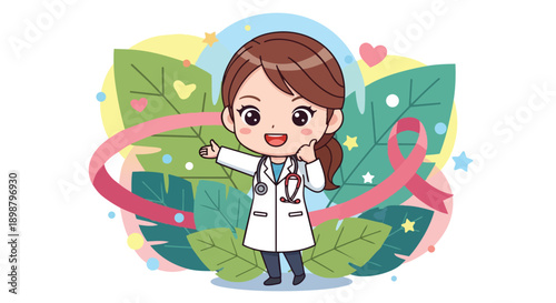 Cute chibi female doctor with stethoscope posing thumbs up beside pink cancer ribbon and colorful leaves background vector art