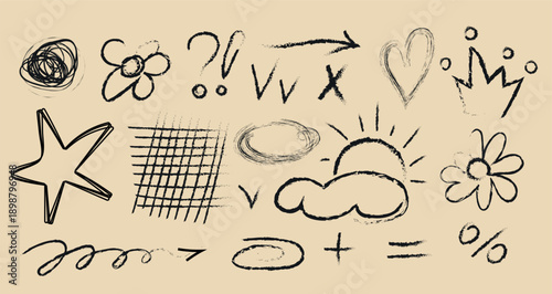 Canvas Print Set collection freehand sketches and doodles flowers strokes, arrows, hearts, st