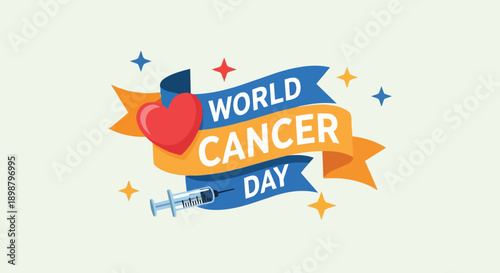 Colorful ribbon banner with heart and syringe illustration celebrating world cancer day awareness and health support campaign