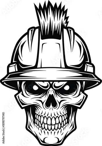 Skull with construction helmet silhouette illustration, edgy design concept, black and white artwork, toughness, rebellion, and industrial style