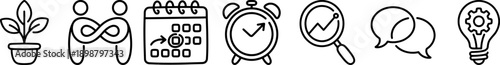 minimal line icon set with plant game controller calendar stopwatch clock chat bubble and light bulb for productivity lifestyle and interface design use