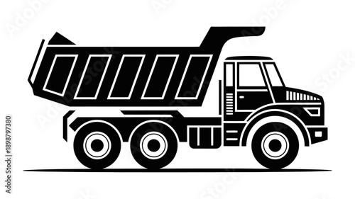 A stylized black and white graphic of a dump truck with defined lines and simple shapes