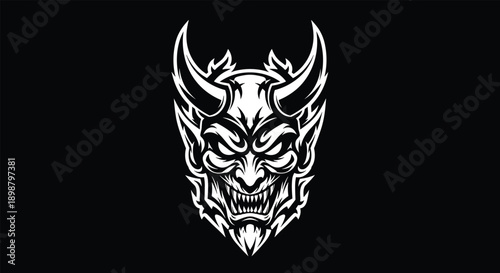 Demonic face silhouette illustration, fantasy and horror design concept, black and white artwork, horns, flames, mythology, and tattoo style