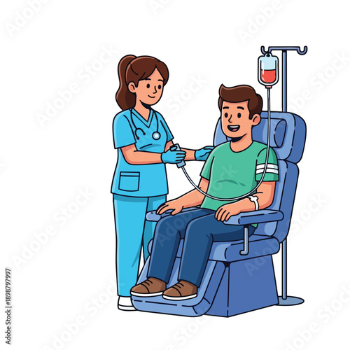 Colorful vector art of smiling nurse helping patient sitting in reclining chair donating blood with intravenous bag and medical equipment
