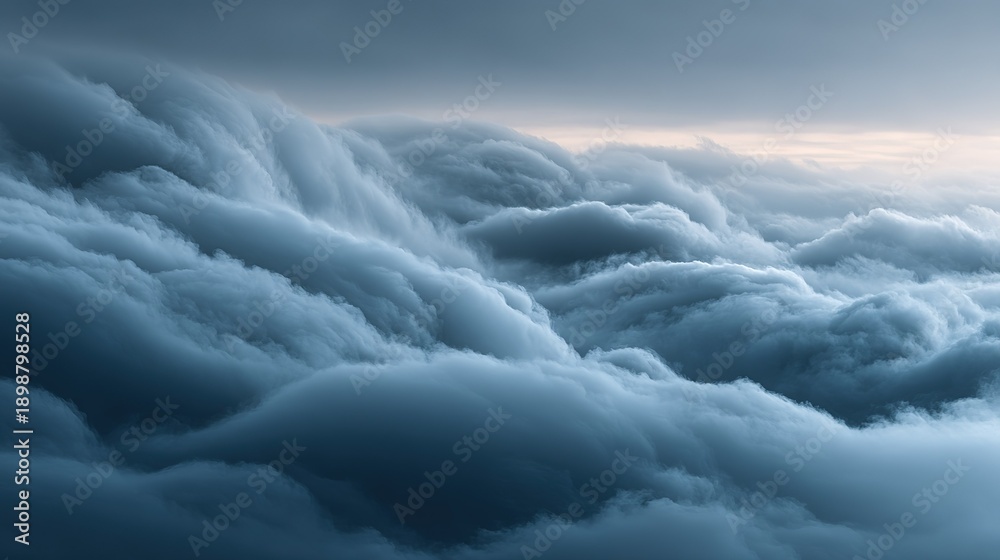 Fototapeta premium Dark clouds fill the sky at dusk with thick layers covering the horizon and creating a dramatic scene above the landscape