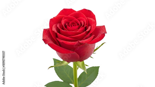 Beautiful single red rose flower bloom with green stem and leaves isolated on transparent background