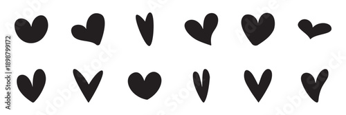 Hand drawn black heart icons set isolated on white background, love heart emoji shapes in different styles, Valentine heart collection vector illustration for cards, banners, posters, stickers.