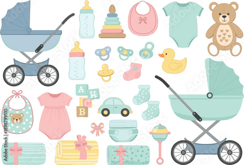 Large collection of cute baby care items including strollers feeding bottles nursery toys blankets and newborn clothing for nursery design.